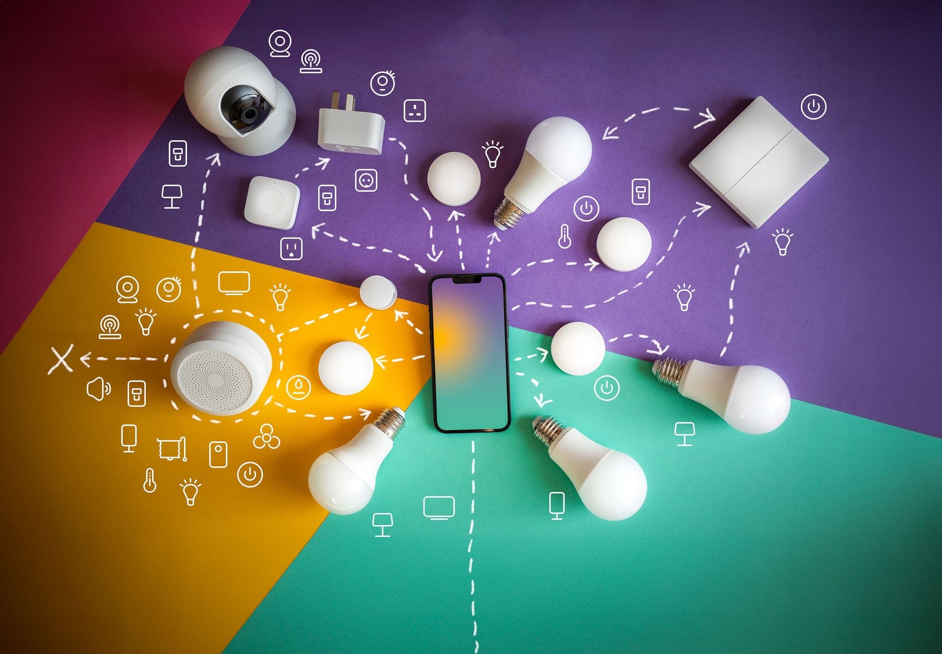 A smartphone surrounded by smart-home devices and light bulbs