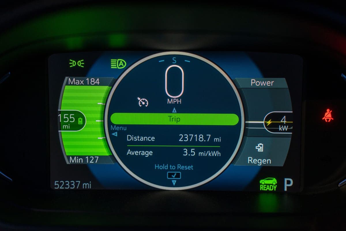 An electric car dashboard showing battery charge level